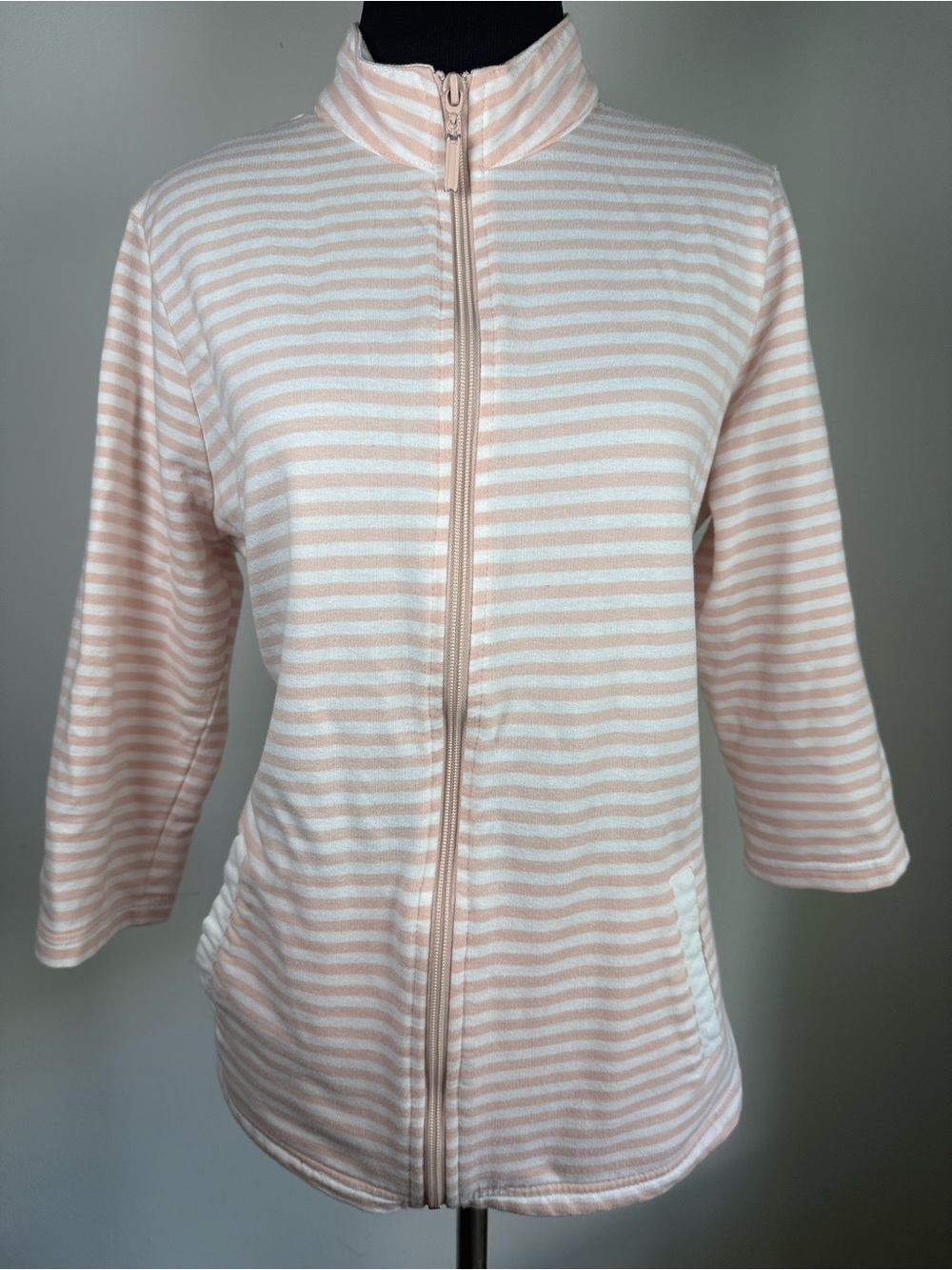 Womens Pink White Striped Zip Up Jacket Preppy Coastal Golf Large